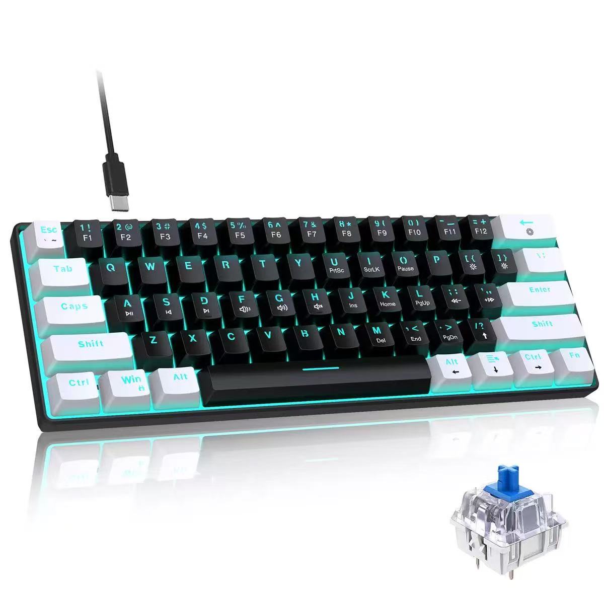 Keyboard Gaming Blue Switch - 60% メカニカルキーボード、ブルースイッチとシーブルーバックライトを搭載した小型コンパクトゲーミングキーボード