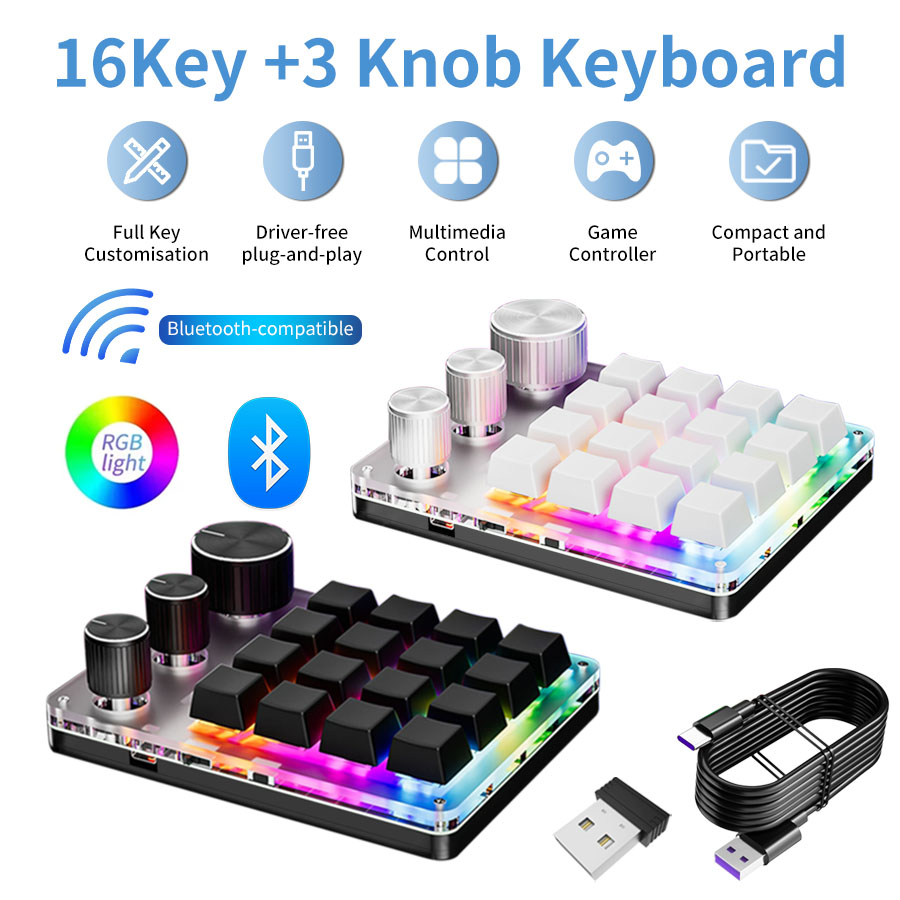 Gaming Keyboard Mini - RGBワイヤレスBluetooth 3モード カスタムプログラミング マクロ 16キー 3ノブ